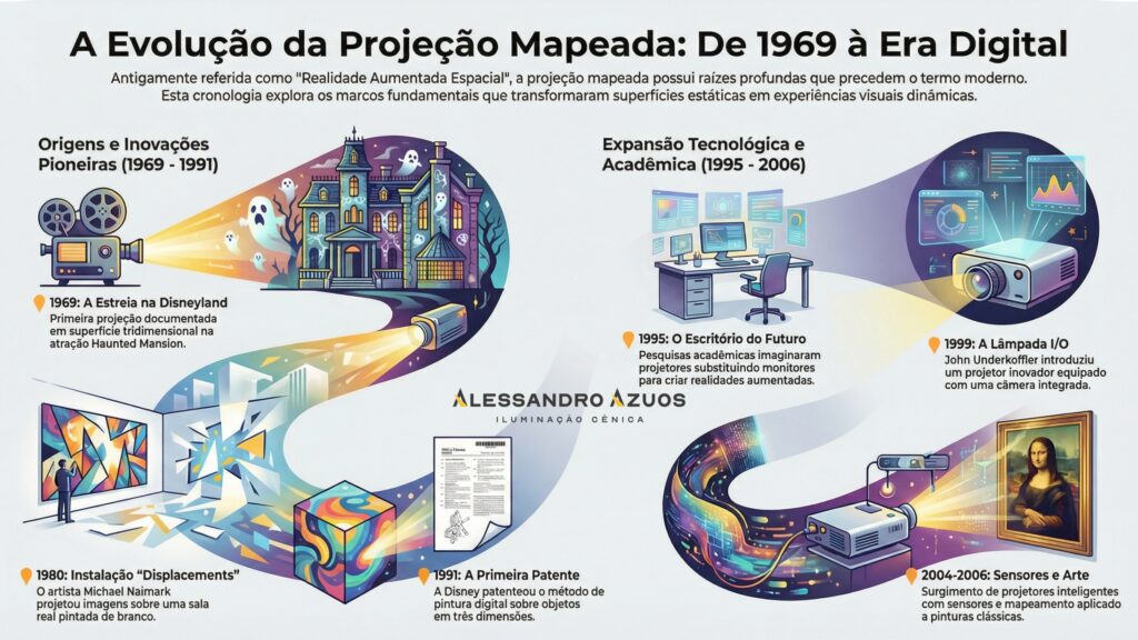 História da Projeção Mapeada / fonte site: PMC - clique na imagem (arte by Alessandro Azuos - IA)